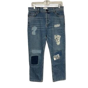 Askk NY Palm Denim Patchwork High Rise Straight Crop Jeans 29
